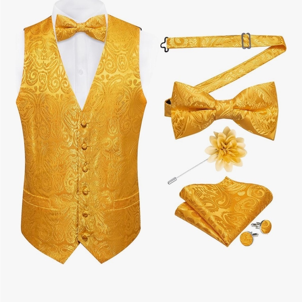 🆕 Silk Paisley Yellow/Gold Dress Vest for Men w/bowtie pocket square & more XL